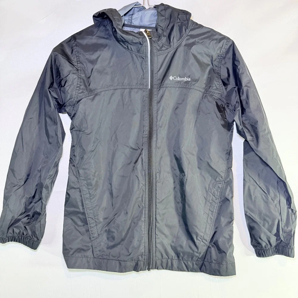 Columbia Kids Windbreaker Jacket Hooded‎ Full Zip Black Gray Size Medium 10/12